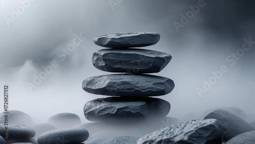  Stacked Dark Grey Stones in Soft White Mist