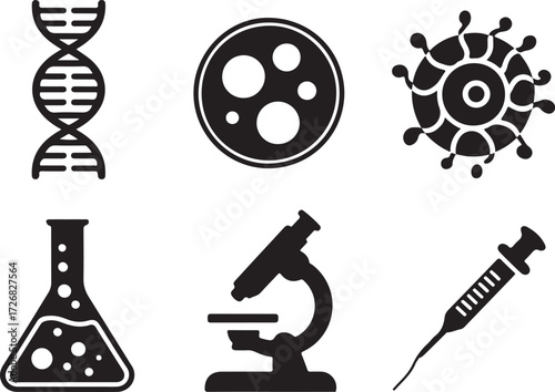 Science icons DNA microscope virus lab flask syringe cells