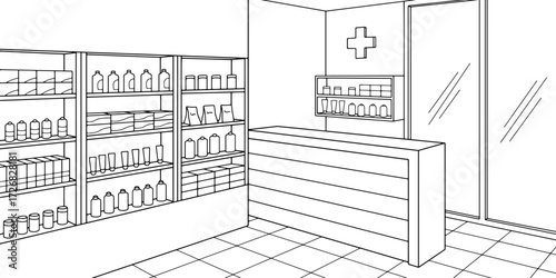 Pharmacy interior graphic store shop black white sketch illustration vector 