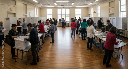 Crowded Voting Station with People Casting Ballots in Well-lit Large Room