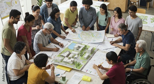 Group of Diverse Architects and Urban Planners Discussing Building Models in Modern Office