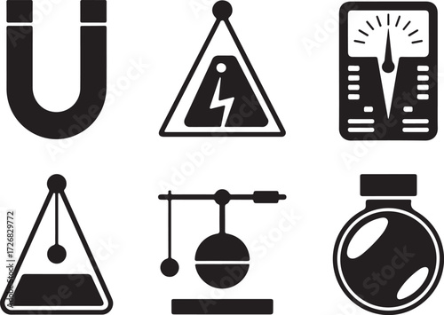 Science icons: magnet, voltage, meter, pendulum, flask