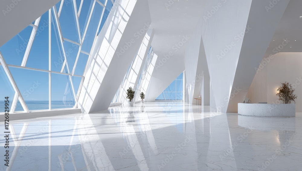 Obraz premium Modern, bright, white interior with expansive ocean views