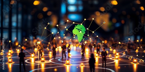 Global network connections visualized with glowing nodes and a green earth map with blurred figures