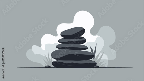  Stacked Dark Grey Stones in Soft White Mist