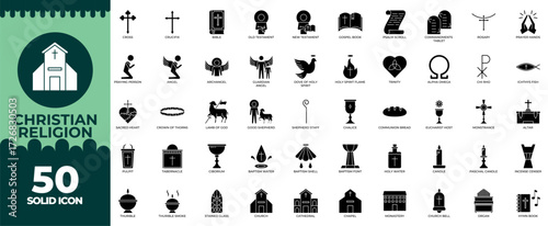 Christian Religion Solid Icon Set – Faith, Church, Bible, Cross, Worship, Spiritual Illustrations