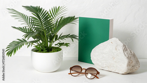 Palm leaves in white pot with glasses and rock on white background