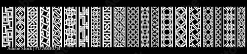 Vector set of 20 ornamental borders with complex geometric and abstract designs. Ideal for frames, trims, dividers, ethnic motifs, and decorative projects.