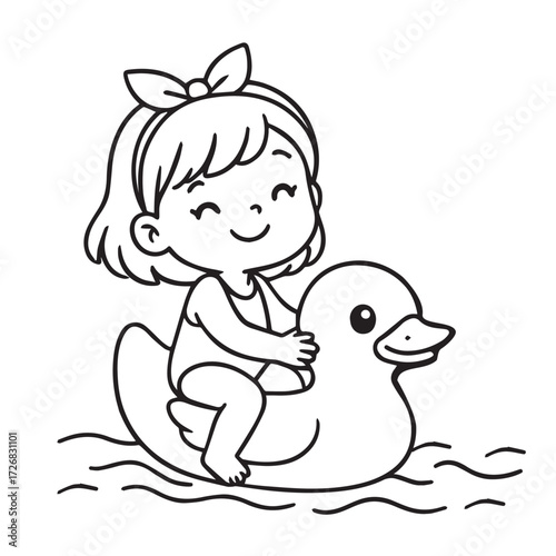 Vector drawing depicts a little girl happily sitting on a duck shaped float, rendered in black and white with clear black outlines, simple and cute.