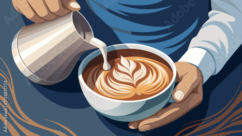 Barista creates latte art with milk pour