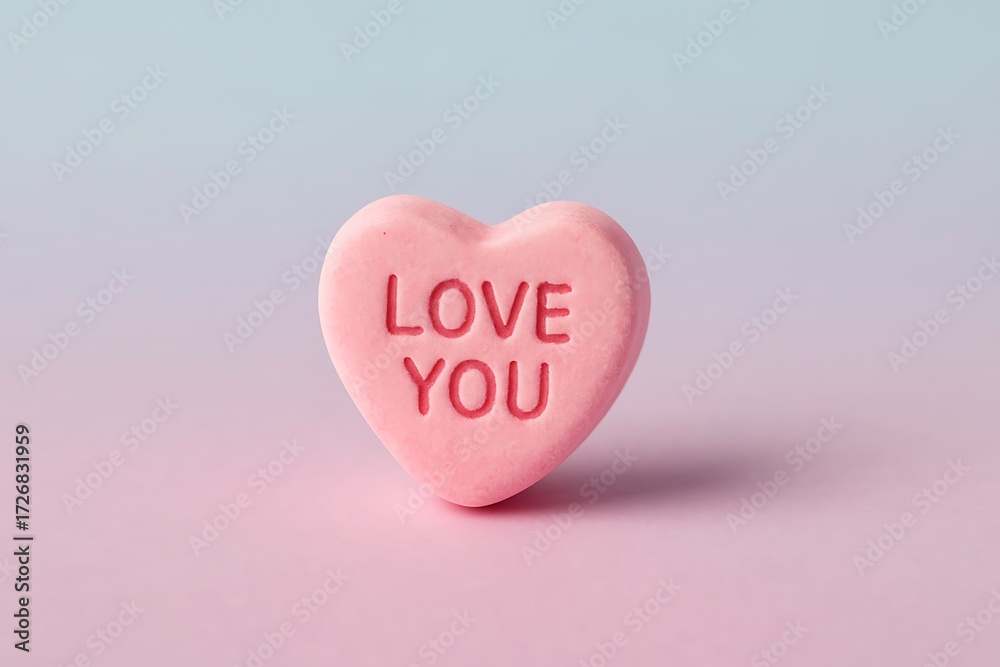 Fototapeta premium Heartfelt Affection: A pink candy heart radiates affection with its 'LOVE YOU' message against a soft, pastel backdrop, embodying sentiments of love and romance.