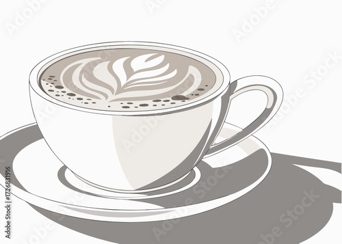 White coffee cup with latte art on a saucer