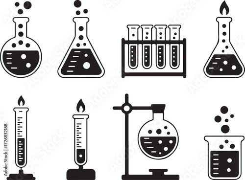 Science lab equipment icons for research and discovery