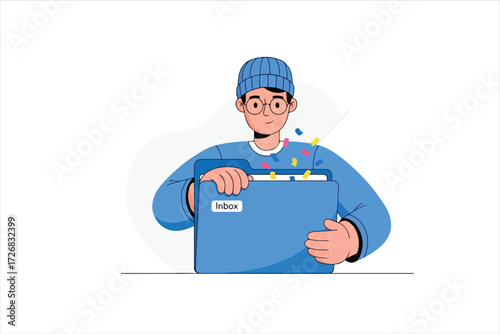 A cartoon person in a blue sweater holds a blue folder with colorful confetti spilling out.