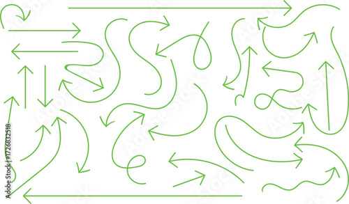 A collection of handdrawn green arrows in various shapes and sizes, isolated on a white background, indicating direction and movement