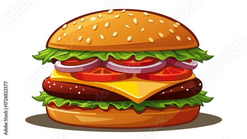 Delicious cartoon hamburger with sesame seed bun and fresh toppings