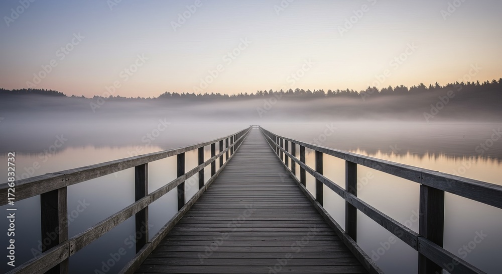 Naklejka premium Serene wooden pier stretches into misty lake at dawn with tranquil forest backdrop