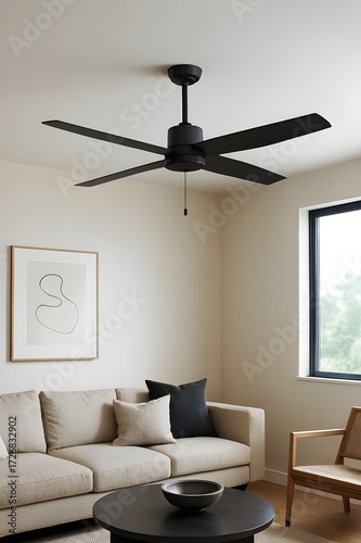 Sleek matte black ceiling fan in a minimalist living room

