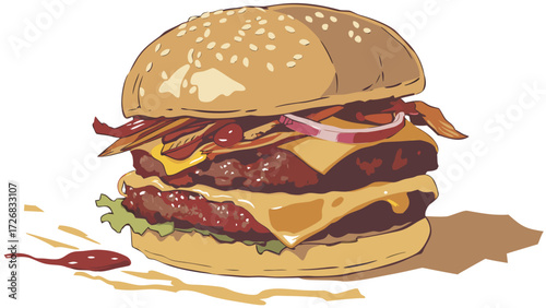 Delicious double cheeseburger with bacon and onion illustration
