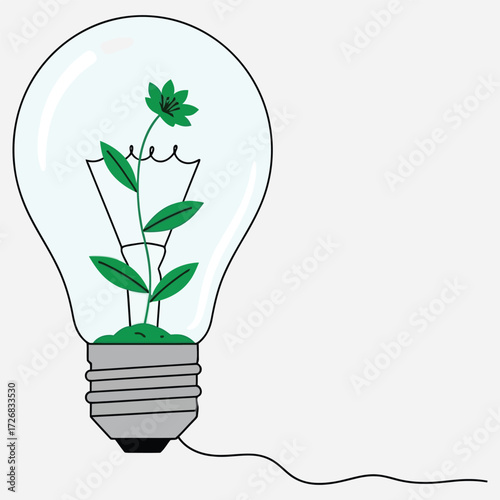 Conceptual illustration of a green plant growing inside a light bulb, symbolizing sustainable innovation, ecology, and clean power ideas