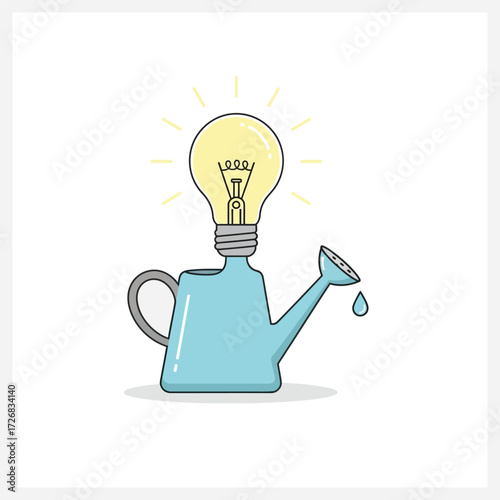 Creative growth concept illustration of a watering can nurturing a glowing lightbulb, symbolizing the cultivation of new ideas and innovation