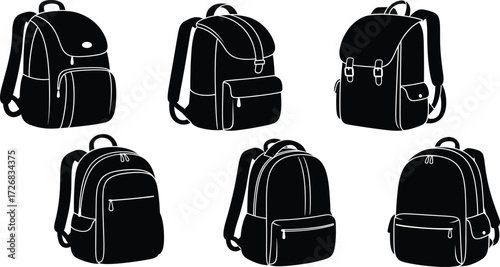 Backpack collection, school bags, travel backpacks, casual rucksacks, student bags, outdoor gear, fashion accessories, vector illustration