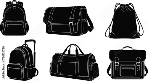 Backpacks, duffel bags, travel luggage, messenger satchels, drawstring gym bags, school backpacks, fashion accessories, vector illustration