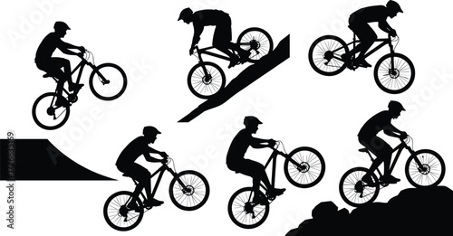 BMX and mountain bike silhouettes, cyclists performing jumps, downhill, ramps, off-road biking, extreme sports, vector illustration