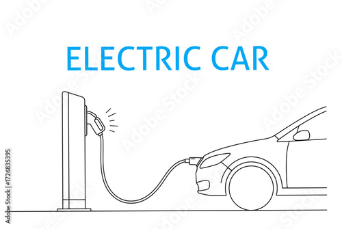 Vector illustration of an electric car at a charging station. Eco friendly transportation and sustainable energy concept.