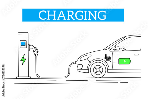 Vector illustration of an electric car at a charging station. Eco friendly transportation and sustainable energy concept.