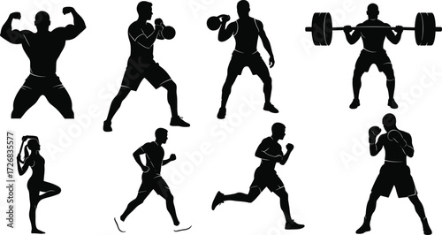 Bodybuilding, boxing, kettlebell training, yoga stretching, running athletes, gym workout, weightlifting fitness exercise, sport silhouettes vector illustration