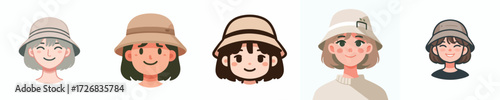 Avatar face of short haired woman wearing bucket hat, light skin, happy expression