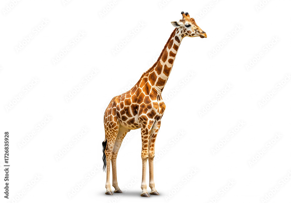 Obraz premium A Majestic Giraffe Standing Tall in a Studio Against a White Background, Showcasing its Unique Spotted Coat and Long Neck, a Symbol of African Wildlife