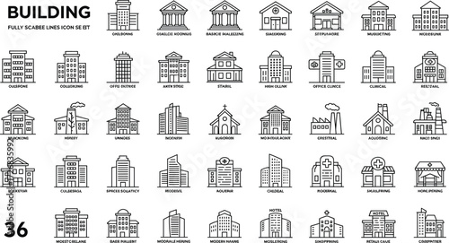 Building icons set with hospital, office, school, church, factory, apartment, hotel, bank, government, vector illustration