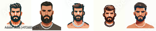 Avatar of a man's face with a thick beard wearing a chain necklace, tanned skin, serious expression