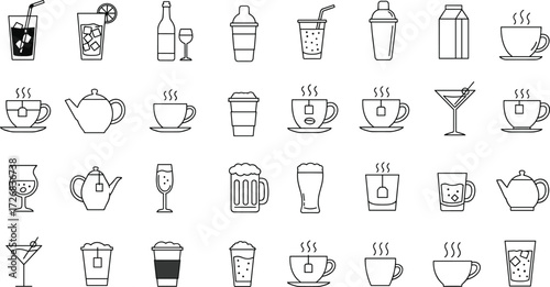 Coffee tea wine beer cocktail icons set, soda juice cup bar cafe beverage symbols, outline drinks collection, vector illustration