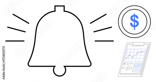Bell ringing with lines to show alert, a coin with dollar sign, and a chart on clipboard. Ideal for finance updates, reminders, notifications, business alerts, data, economy simple flat metaphor