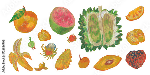 Minimalist tropical fruit clip art illustrations created with wax crayons and oil pastels.A botanical food set on a white background with hand-drawn texture,ideal for modern prints and invitations.