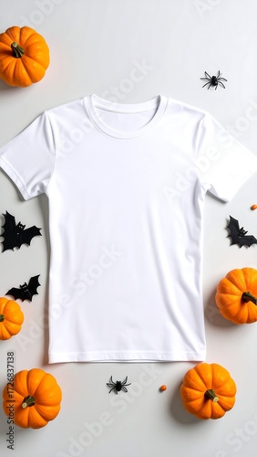White t-shirt surrounded by Halloween decor