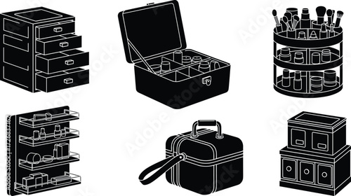 Cosmetic organizers, vanity storage boxes, makeup travel cases, rotating stands, beauty containers, professional accessories, vector illustration