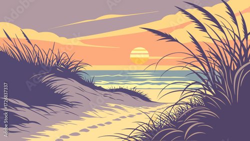 Stylized sunset over the ocean with beach grass and footprints