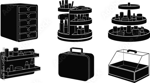Cosmetic storage drawers, rotating makeup organizers, vanity shelves, beauty display boxes, travel cases, professional cosmetic storage, vector illustration