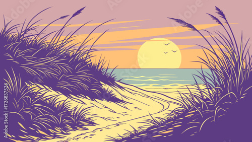 Serene beach path at sunset with ocean and sky views
