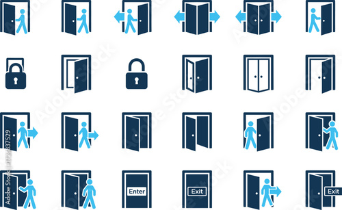 Door icons set with open closed enter exit lock security access navigation symbols, vector illustration