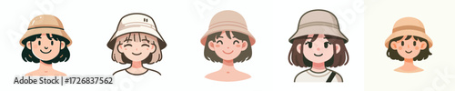 Avatar face of short haired woman wearing bucket hat, light skin, happy expression
