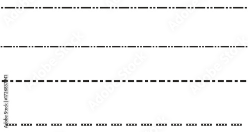 Set of four distinct dashed and dotted line styles, isolated on white background, ideal for decorative borders, dividers, or design accents in graphic projects