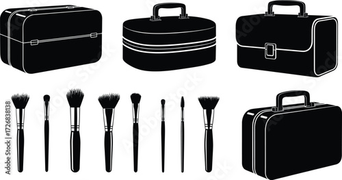 Makeup brush set, cosmetic storage cases, professional beauty organizer boxes, travel vanity bags, fashion accessories, vector illustration