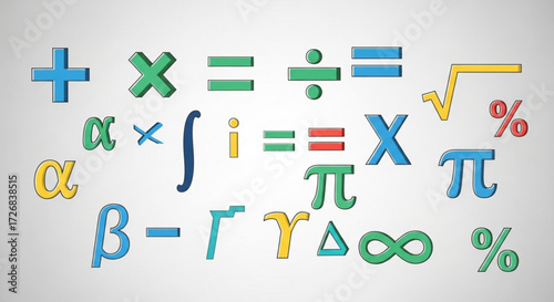 Illustration depicting various mathematical symbols and greek letters on a white background in a colorful style