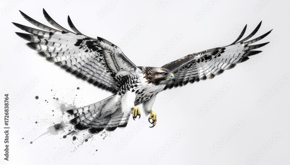 Fototapeta premium A striking graphic illustration of a hawk in flight, with a unique dissolving effect at the tail.