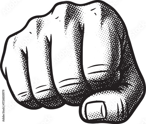 Black and white clenched fist illustration with dots hand power